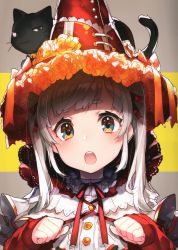 Rule 34 | 1girl, :o, absurdres, animal, animal on head, black cat, blue eyes, blush, cat, cat on head, flower, grey hair, hair ribbon, hat, hat flower, highres, long sleeves, looking at viewer, mika pikazo, multicolored eyes, neck ribbon, on head, open mouth, orange flower, original, red hat, red ribbon, ribbon, sleeves past wrists, solo, twintails, upper body, witch hat