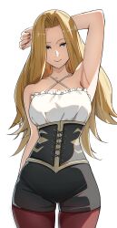 1girl arm_up armpits black_shorts blonde_hair blue_eyes breasts camisole commentary corset cowboy_shot criss-cross_halter halterneck highres medium_breasts methode_(sousou_no_frieren) pantyhose pantyhose_under_shorts red_pantyhose short_shorts shorts smile solo sousou_no_frieren white_camisole yami_anko