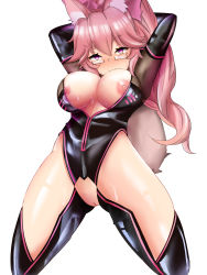 Rule 34 | 1girl, @ @, absurdres, animal ear fluff, animal ears, arms behind head, black bodysuit, black gloves, blush, bodysuit, breasts, center opening, cleavage, clothing cutout, fate/grand order, fate (series), fox ears, fox girl, fox tail, glasses, gloves, hair between eyes, hair ribbon, highres, hypnosis, koyanskaya (fate), kurofx, large breasts, long hair, looking at viewer, mind control, nipple slip, nipples, pink hair, pink ribbon, ponytail, pussy, pussy cutout, ribbon, simple background, smile, solo, sweat, tail, tamamo (fate), thigh cutout, thighs, underboob, white background, yellow eyes