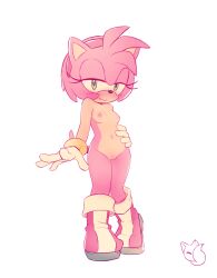 Rule 34 | 1girl, :t, amy rose, animal ears, animal nose, artist logo, blush, body fur, boots, breasts, cleft of venus, closed mouth, female focus, furry, furry female, gloves, green eyes, hairband, half-closed eyes, hand on own hip, happy, heel up, highres, knee boots, looking at viewer, navel, nipples, nose blush, nude, pink footwear, pink fur, pink hair, pink hairband, pussy, reddish fox, short hair, sidelocks, simple background, small breasts, smile, solo, sonic (series), stomach, tail, thighs, uncensored, watermark, white background, white gloves
