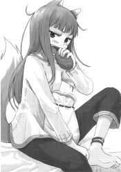 Rule 34 | 00s, 1girl, animal ears, anklet, ayakura juu, barefoot, bread, capri pants, eating, feet, food, greyscale, highres, holo, jewelry, monochrome, novel illustration, official art, pants, solo, spice and wolf, tail, wolf ears, wolf tail