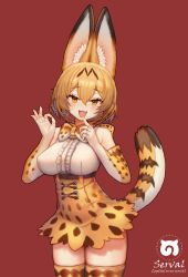 Rule 34 | 1girl, absurdres, animal ear fluff, animal ears, bare shoulders, blonde hair, blush, bow, bowtie, breasts, elbow gloves, english text, eolppajin iko, fang, fellatio gesture, finger to mouth, fingerless gloves, gloves, high-waist skirt, highres, japari symbol, kemono friends, large breasts, looking at viewer, nail polish, ok sign, open mouth, print bow, print gloves, print neckwear, print skirt, red background, serval (kemono friends), serval print, serval tail, shirt, short hair, simple background, skindentation, skirt, sleeveless, smile, striped tail, tail, thighhighs, thighs, traditional bowtie, yellow nails