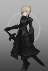 Rule 34 | 1girl, ahoge, armor, armored dress, artoria pendragon (all), artoria pendragon (fate), bad id, bad pixiv id, blonde hair, braid, excalibur (fate/stay night), excalibur morgan (fate), fate/stay night, fate (series), french braid, gauntlets, gradient background, gyup91, saber (fate), saber alter, simple background, solo, sword, weapon, yellow eyes
