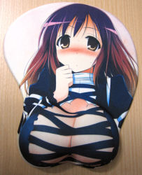 Rule 34 | 1girl, :&lt;, areola slip, arm up, blush, breast mousepad, breasts, cleavage, female focus, gradient hair, hand on own hip, hand on own face, hijiri byakuren, huge breasts, kurikara, long hair, looking at viewer, lowres, mousepad, mousepad (medium), multicolored hair, no bra, nose blush, open clothes, open shirt, photo (medium), puffy sleeves, shiny skin, shirt, solo, sweat, thinking, torn clothes, touhou, underboob, yellow eyes