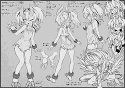 1girl ass ball_and_chain_restraint bare_shoulders blush breasts butt_crack chain chimera claws commentary_request cuffs dress feathered_wings from_behind full_body highres horns lineart low_wings monochrome monster_girl multiple_horns multiple_views one_eye_closed open_mouth original pointy_ears pout sasaki_shou shackles short_dress small_breasts smile smug surprised tearing_up translation_request twintails wings