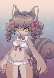 Rule 34 | animal ears, animal hands, bare arms, bow, bow bra, bowtie, bra, breasts, brown fur, brown hair, claws, cleavage, closed mouth, cowboy shot, drill hair, expressionless, eyelashes, frilled bra, frilled panties, frills, furry, furry female, gradient background, hair bow, highres, lace, lace-trimmed bra, lace trim, looking at viewer, medium breasts, midriff, navel, original, panties, racal ra, red bow, red bowtie, snout, standing, tail, twin drills, underwear, underwear only, white bra, white panties, yellow eyes