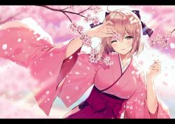 Rule 34 | 1girl, ahoge, alternate costume, black bow, blonde hair, blush, bow, breasts, brown eyes, cherry blossoms, collarbone, commentary request, fate/grand order, fate (series), hair between eyes, hair bow, holding, japanese clothes, kimono, large breasts, letterboxed, long sleeves, looking at viewer, necomi, okita souji (fate), okita souji (koha-ace), one eye closed, open mouth, outdoors, pink kimono, short hair, signature, solo, wide sleeves