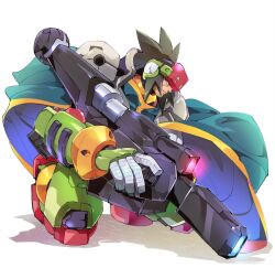Rule 34 | 1boy, bad id, bad twitter id, black hair, blue eyes, cape, craft (mega man), energy cannon, facial hair, facial mark, gun, helmet, holding, holding weapon, kon (kin219), looking to the side, male focus, mega man (series), mega man zero (series), mega man zero 4, robot, simple background, spiked hair, stubble, weapon, white background