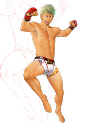 Rule 34 | 1boy, abs, blonde hair, boxing gloves, dark skin, dark-skinned male, fingerless gloves, full body, gloves, itto (mentaiko), looking at viewer, male focus, navel, nipples, original, pectorals, short hair, smile, solo, stomach, thighs, toned, toned male, white background, wrestling outfit