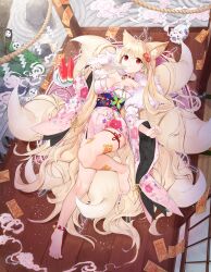 Rule 34 | 1girl, absurdly long hair, absurdres, animal ear fluff, animal ears, anklet, barefoot, bell, blonde hair, breasts, closed mouth, floral print kimono, flower, folding fan, food, fox, fox ears, fox girl, fox tail, from above, fruit, full body, grass, hair flower, hair ornament, hand fan, highres, holding, holding fan, japanese clothes, jewelry, jingle bell, kayari buta, kimono, kitsune, knee up, large breasts, long hair, looking at viewer, lying, multiple tails, nyun, obi, on back, original, plate, red eyes, rock, rock garden, rope, sash, shide, shimenawa, shouji, sliding doors, smile, solo, tail, talisman, thighs, very long hair, watermelon, watermelon slice, wide sleeves, wooden floor