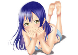 Rule 34 | 10s, 1girl, barefoot, bikini, blue hair, head rest, feet, female focus, foreshortening, full body, legs up, long hair, looking at viewer, love live!, love live! school idol project, lying, muffin (sirumeria), on stomach, smile, soles, solo, sonoda umi, swimsuit, the pose, toes, yellow eyes
