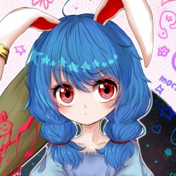 Rule 34 | 1girl, :o, abstract background, ambiguous red liquid, animal ears, bad id, bad pixiv id, blue dress, blue hair, blush, collarbone, commentary request, dress, earclip, head tilt, highres, kayon (touzoku), kine, looking at viewer, low twintails, mallet, portrait, rabbit ears, red eyes, seiran (touhou), short hair, solo, touhou, twintails, upper body
