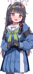 Rule 34 | 1girl, animal ears, armband, belt, black gloves, black hair, blue archive, blue shirt, blue skirt, blunt bangs, blush, buckle, cowboy shot, fake animal ears, gloves, green neckerchief, hairband, halo, highres, leaf, leaf on head, long hair, long sleeves, looking at viewer, miyu (blue archive), morumoru x, neckerchief, open mouth, pleated skirt, red eyes, sailor collar, shirt, simple background, skirt, snap-fit buckle, solo, sweat, white background