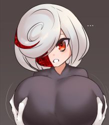 Rule 34 | ..., 1girl, alternate breast size, breasts, colored skin, disembodied hands, drawfag, grey background, grey shirt, groping, hair over one eye, highres, huge breasts, motion lines, multicolored hair, multicolored skin, oppai loli, red eyes, red hair, red skin, sage (sonic), sega, shirt, short hair, sidelocks, simple background, sonic (series), sonic frontiers, teeth, two-tone hair, two-tone skin, white hair