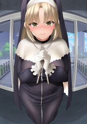 Rule 34 | 1girl, absurdres, black dress, blonde hair, blush, breasts, commentary request, dress, fisheye, gloves, hatori mia, heart, heart-shaped pupils, highres, long hair, looking at viewer, nijisanji, nun, own hands together, paid reward available, sister claire, smile, solo, symbol-shaped pupils, veil, virtual youtuber, white gloves, yellow eyes