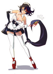 Rule 34 | 10s, 1girl, alternate costume, bare shoulders, bent over, black gloves, black hair, blue eyes, blush, breasts, cleavage, collar, collarbone, detached collar, dress, elbow gloves, enmaided, female focus, full body, garter straps, gloves, hand on own hip, high heels, holding, kill la kill, leaning, maid, maid headdress, matoi ryuuko, multicolored hair, platform footwear, platform heels, red hair, senketsu, shadow, short hair, simple background, solo, standing, strapless, strapless dress, thighhighs, treasure (296022079), two-tone hair, white background, white thighhighs