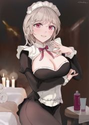 Rule 34 | 1girl, blush, breasts, chowbie, cleavage, cleavage cutout, clothing cutout, highres, large breasts, long sleeves, looking at viewer, maid, maid headdress, open mouth, original, pink eyes, short hair, silver hair, smile, solo, thighs