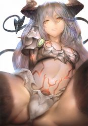 Rule 34 | 10s, 1girl, amira (shingeki no bahamut), aos, breasts, cameltoe, cleavage, demon horns, demon tail, female pubic hair, granblue fantasy, highres, horns, looking at viewer, navel, panties, pointy ears, pubic hair, shingeki no bahamut, silver hair, simple background, solo, tail, tattoo, underwear, white background, yellow eyes