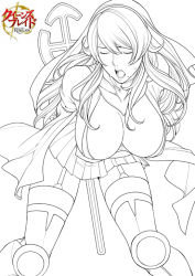 Rule 34 | 00s, 10s, 1girl, armor, bent over, breasts, cleavage, cleavage cutout, clothing cutout, copyright name, female focus, garter straps, greaves, hair between eyes, large breasts, legs apart, lineart, long hair, miniskirt, mole, monochrome, no bra, oda non, open mouth, queen&#039;s blade, queen&#039;s blade rebellion, sigui (queen&#039;s blade), simple background, skirt, solo, sweat, thighhighs, white background