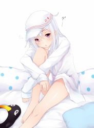 Rule 34 | 10s, bare legs, barefoot, chestnut mouth, hammer and sickle, hat, hibiki (kancolle), highres, kantai collection, kiyomin, long sleeves, pillow, purple eyes, shirt, sitting, solo, star (symbol), stuffed animal, stuffed toy, verniy (kancolle), white background, white hair, white shirt, white theme