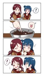 Rule 34 | !, &gt; o, 2girls, 4koma, :d, :o, :p, ;d, ^ ^, absurdres, alternate hairstyle, blue hair, blush, bow, bowl, bowtie, brown shirt, chocolate, closed eyes, comic, deadnooodles, closed eyes, finger sucking, finger to another&#039;s cheek, food, food on face, hair bun, hair ornament, hairclip, highres, holding, holding bowl, long hair, looking at another, love live!, love live! sunshine!!, multiple girls, neckerchief, one eye closed, open mouth, purple eyes, red hair, red neckwear, sakurauchi riko, school uniform, serafuku, shirt, side bun, silent comic, single side bun, smile, spoken exclamation mark, spoken expression, stirring, tongue, tongue out, tsushima yoshiko, twintails, v-shaped eyebrows, valentine, whisk, yellow eyes, yuri