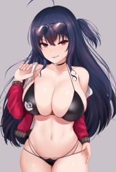 Rule 34 | 1girl, ahoge, azur lane, bare shoulders, bikini, black bikini, black hair, blush, breasts, choker, cleavage, collarbone, eyewear on head, grey background, highres, jacket, large breasts, licking lips, long hair, long sleeves, looking at viewer, multi-strapped bikini bottom, navel, off shoulder, official alternate costume, one side up, open clothes, open jacket, red eyes, red jacket, renetan, simple background, smile, strap pull, swimsuit, taihou (azur lane), taihou (enraptured companion) (azur lane), tongue, tongue out