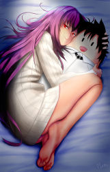 Rule 34 | 1girl, ass, barefoot, character print, closed mouth, dakimakura (object), eromoeba, artistic error, fate/grand order, fate (series), feet, from side, fujimaru ritsuka (male), full body, highres, long hair, looking at viewer, lying, hugging object, on bed, on side, panties, pantyshot, pillow, pillow hug, purple hair, purple panties, red eyes, scathach (fate), smile, soles, solo, sweater, toes, turtleneck, turtleneck sweater, underwear, white sweater