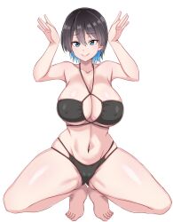 Rule 34 | 1girl, barefoot, bikini, black bikini, black hair, blue eyes, blue hair, breasts, bunny garden, cleavage, colored inner hair, covered erect nipples, full body, highres, kotokoto (jumon), large breasts, midriff, miuka (bunny garden), multicolored hair, navel, rabbit pose, simple background, solo, squatting, stomach, swimsuit, toes, white background
