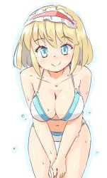 Rule 34 | 1girl, alice margatroid, arnest, bare arms, bare shoulders, bikini, blonde hair, blue eyes, blue outline, blush, breasts, collarbone, commentary request, cowboy shot, frilled hairband, frills, hairband, halterneck, large breasts, leaning forward, lolita hairband, looking at viewer, navel, outline, own hands together, red hairband, short hair, sidelocks, simple background, smile, solo, standing, stomach, string bikini, swimsuit, thighs, touhou, v arms, water drop, wet, white background, white bikini