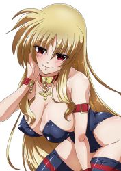 Rule 34 | 1girl, ass, bdsm, black thighhighs, blonde hair, blush, breasts, choker, cleavage, collar, covered erect nipples, fate testarossa, highres, large breasts, leotard, looking at viewer, lyrical nanoha, mahou shoujo lyrical nanoha strikers, red eyes, simple background, skindentation, slave, smile, solo, tappa (esperanza), thighhighs, white background