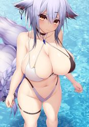 Rule 34 | 1girl, animal ears, asamura hiori, azur lane, bikini, black choker, blue gemstone, blush, braid, breasts, brown eyes, choker, cleavage, closed mouth, collarbone, commentary request, earrings, feet out of frame, from above, frown, gem, groin, hair between eyes, hair flaps, hair ornament, hair scrunchie, highres, huge breasts, jewelry, long hair, looking at viewer, looking up, multiple tails, navel, revision, scrunchie, silver hair, single braid, skindentation, slingshot swimsuit, solo, standing, stomach, swimsuit, tail, thigh strap, tosa (azur lane), tosa (hometown zest) (azur lane), two-tone bikini, two-tone swimsuit, two tails, very long hair, water