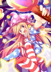 Rule 34 | 1girl, american flag dress, american flag legwear, blonde hair, blush, chikuwa savy, clownpiece, dress, fire, gradient eyes, hat, jester cap, looking at viewer, multicolored eyes, neck ruff, open mouth, pantyhose, polka dot, short sleeves, smile, solo, star (symbol), striped clothes, striped pantyhose, torch, touhou