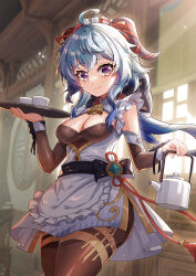 Rule 34 | 1girl, adapted costume, ahoge, apron, bare shoulders, bell, blue hair, bow, breasts, brown pantyhose, chinese knot, cleavage, detached sleeves, flower knot, ganyu (genshin impact), genshin impact, highres, horn ornament, horns, indoors, long hair, looking at viewer, maid, maid apron, maid headdress, medium breasts, neck bell, pantyhose, purple eyes, sidelocks, smile, solo, standing, tassel, tray, vision (genshin impact), white sleeves, yi xue (firstblood)