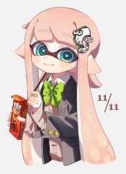 Rule 34 | 1girl, bad id, bad twitter id, black jacket, blazer, blunt bangs, bow, bowtie, cardigan, closed mouth, commentary, cropped torso, dated, dress shirt, food, green bow, green bowtie, green eyes, grey background, grey cardigan, hair ornament, holding, holding food, inkling, inkling girl, inkling player character, jacket, long hair, looking at viewer, maco spl, nintendo, pink hair, pocky, pocky day, pointy ears, school uniform, shirt, simple background, smile, solo, splatoon (series), splatoon 1, tentacle hair, upper body, white shirt, wing collar
