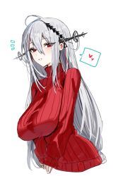 Rule 34 | 1girl, alternate costume, arknights, blush, breasts, double-parted bangs, grey hair, hair ornament, heart, highres, horn/wood, large breasts, long hair, long sleeves, looking at viewer, puffy long sleeves, puffy sleeves, red eyes, red sweater, simple background, skadi (arknights), smile, solo, spoken heart, sweater, upper body, white background