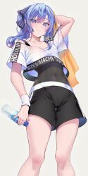 Rule 34 | 1girl, arm up, black shorts, black straps, blue eyes, blue hair, bottle, character name, collarbone, commentary request, crop top, cropped shirt, double-parted bangs, feet out of frame, from below, hair between eyes, highres, holding, holding bottle, holding towel, hololive, hololive dance practice uniform, hoshimachi suisei, looking at viewer, midriff, official alternate costume, omoti (1201208), open mouth, plastic bottle, ponytail, shirt, short sleeves, shorts, simple background, skin tight, solo, stomach, sweat, tank top, towel, virtual youtuber, water bottle, wavy hair, white background, white shirt, white wristband, yellow towel