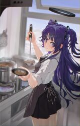 Rule 34 | 1girl, absurdres, apron, black skirt, blue archive, blue eyes, blue hair, blurry, chinese commentary, closed mouth, collared shirt, commentary request, cowboy shot, cup, depth of field, from behind, grey apron, halo, hckc8750, highres, holding, holding cup, holding ladle, indoors, kitchen, ladle, long hair, looking at viewer, looking back, mechanical halo, shirt, skirt, sleeves rolled up, smile, solo, standing, two side up, white shirt, yuuka (blue archive)