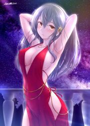 Rule 34 | 1girl, armpits, arms behind head, black hair, blush, breasts, cowboy shot, dress, hair between eyes, hair ornament, hairband, hairclip, hands in hair, haruna (kancolle), jewelry, kantai collection, large breasts, long hair, looking at viewer, necklace, night, open mouth, outdoors, red dress, ryu-akt, sideboob, signature, sleeveless, sleeveless dress, solo, white hairband, yellow eyes