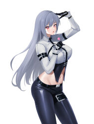 1girl :o arm_belt arm_up belt black_gloves black_pants breasts bright_pupils candy center_frills chest_harness closers collared_shirt contrapposto cowboy_shot crop_top food frills gloves grey_hair grey_shirt hand_up harness highres holding holding_candy holding_food holding_lollipop large_breasts lollipop long_hair long_sleeves looking_at_viewer midriff mirae_(closers) navel non-web_source official_art open_mouth pants red_eyes salute shiny_clothes shirt simple_background solo standing stomach thigh_strap underbust very_long_hair white_background