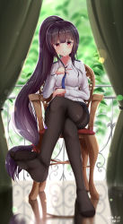 Rule 34 | 00s, 10s, 1girl, 2016, armchair, artist name, black pantyhose, black skirt, blue necktie, blunt bangs, blurry, blush, book, breasts, buttons, chair, crossed legs, curtains, dated, depth of field, dress shirt, dungeon and fighter, eyebrows, feet, full body, hand on own chest, highres, holding, holding book, indoors, ironwork, large breasts, legs, lens flare, long hair, long sleeves, looking at viewer, napalmbit, necktie, no shoes, pantyhose, plant, ponytail, purple hair, railing, red eyes, reflection, reflective floor, shirt, signature, sitting, skirt, smile, soles, solo, thighband pantyhose, very long hair, white shirt