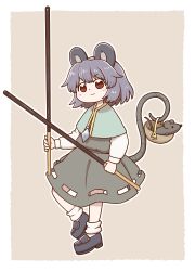 Rule 34 | 1girl, animal ears, basket, black dress, black footwear, capelet, dress, food, full body, grey hair, highres, holding, holding food, holding pocky, holding with tail, jewelry, looking at viewer, mouse (animal), mouse ears, mouse tail, nazrin, oversized food, oversized object, pendant, pocky, pocky day, poronegi, prehensile tail, red eyes, shirt, short hair, socks, standing, tail, touhou, white shirt, white socks