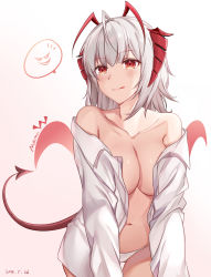 Rule 34 | :p, absurdres, ahoge, arknights, artist name, bare shoulders, breasts, cleavage, closed mouth, collarbone, cowboy shot, dated, demon girl, demon horns, demon tail, demon wings, highres, horns, large breasts, leaning forward, looking at viewer, medium hair, momosawa nao, no bra, off shoulder, open clothes, open shirt, panties, red eyes, red wings, shirt, silver hair, simple background, smile, solo, speech bubble, spoken expression, tail, tongue, tongue out, underwear, w (arknights), white background, white panties, white shirt, wings