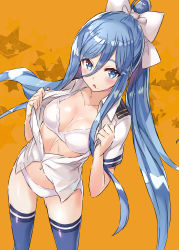Rule 34 | 1girl, :o, absurdres, aoki hagane no arpeggio, blue eyes, blue legwear, blush, bow, bra, breasts, cleavage, collarbone, commentary request, from above, hair between eyes, hair bow, highres, long hair, looking at viewer, looking up, medium breasts, mole, mole under mouth, mutsumi masato, open clothes, open mouth, open shirt, orange bow, panties, ponytail, shirt, short sleeves, sidelocks, solo, star (symbol), takao (aoki hagane no arpeggio), underwear, undressing, very long hair, white bra, white panties, white shirt