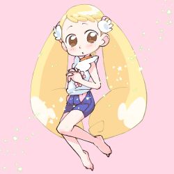 Rule 34 | 1girl, barefoot, blonde hair, blue shorts, blush, brown eyes, commentary request, floral print, full body, highres, long hair, looking at viewer, makihatayama hana, ojamajo doremi, own hands together, pink background, rapisu, shirt, shorts, solo, twintails, very long hair, white shirt, wing hair ornament