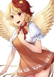 Rule 34 | 1girl, :d, animal, animal on head, bird, bird on head, bird wings, breasts, chick, clenched hand, dress, feathered wings, hand on own chest, highres, kaede (mmkeyy), medium breasts, multicolored hair, niwatari kutaka, on head, open mouth, orange dress, puffy short sleeves, puffy sleeves, red eyes, red hair, red neckwear, red ribbon, ribbon, short hair, short sleeves, simple background, smile, solo, symbol-only commentary, teeth, thighs, touhou, two-tone hair, upper body, upper teeth only, white background, wings, yellow eyes
