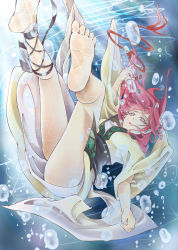Rule 34 | 1girl, absurdres, air bubble, alternate costume, ankle lace-up, asphyxiation, barefoot, bubble, cross-laced footwear, dress, drowning, feet, hair ornament, highres, jewelry, magi the labyrinth of magic, morgiana, ring, rope, soles, solo, sorako (hakuyuu-ren), traditional clothes, underwater