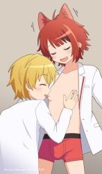 Rule 34 | 2boys, animal ears, blonde hair, closed eyes, dog ears, fang, highres, kisaragi julia, licking, licking nipple, long sleeves, male focus, male underwear, multiple boys, nipple stimulation, nipples, open clothes, open mouth, open shirt, red hair, red male underwear, rinu (stpri), root (stpri), shirt, short hair, strawberry prince, underwear, utaite, white shirt, yaoi