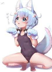 Rule 34 | 1girl, absurdres, animal ear fluff, animal ears, animal hands, blue eyes, blue hair, blush, bow, breasts, commentary request, covered navel, gloves, hair bow, hair ornament, highres, kneehighs, koyomi (shironeko project), one-piece swimsuit, open mouth, paw gloves, school swimsuit, shironeko project, short hair, simple background, small breasts, socks, solo, spread legs, squatting, sweat, swimsuit, tail, tail wagging, white background, yufukiri