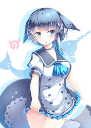 Rule 34 | 10s, 1girl, absurdres, ascot, black bow, blue ascot, blue eyes, blue hair, blush, bow, breasts, cetacean tail, choker, commentary, cowboy shot, dress, fins, fish tail, frilled dress, frills, grey choker, grey hair, hair bow, head fins, highres, japari symbol, kanzakietc, kemono friends, looking at viewer, medium breasts, multicolored hair, narwhal (kemono friends), open mouth, puffy short sleeves, puffy sleeves, sailor dress, short hair with long locks, short sleeves, simple background, skirt hold, solo, standing, tail, white background, white hair