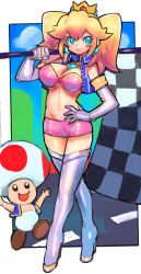 Rule 34 | 1girl, alternate hairstyle, blonde hair, blue eyes, blush, boots, breasts, checkered flag, cleavage, commentary request, cropped jacket, crown, dakusuta, earrings, elbow gloves, flag, gloves, hand on own hip, high heels, highres, jewelry, large breasts, long hair, mario (series), microskirt, midriff, navel, nintendo, princess peach, skirt, smile, standing, thigh boots, thighhighs, toad (mario), twintails